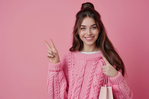 Улыбающаяся молодая брюнетка в свитере позирует изолированно на розовом фоне