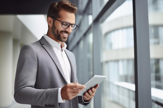 Smiling young business man holding pad computer in hands at work Male professional employee