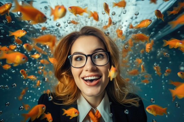 smiling young business woman swimming underwater