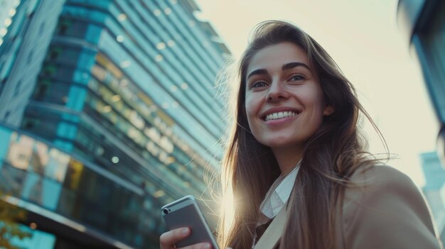 Smiling young business woman with cell phone in city