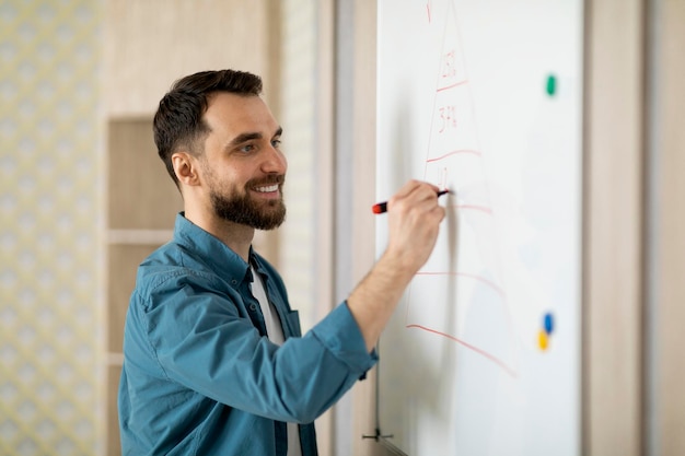 smiling young businessman writing notes on white board in office