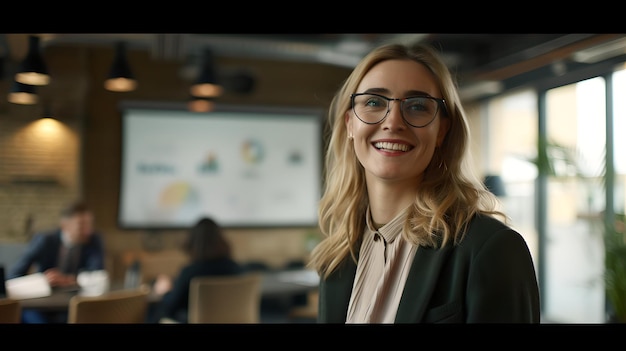 Smiling young businesswoman in modern office environment confident professional posing for corporate portrait friendly work atmosphere captured in casual business style AI