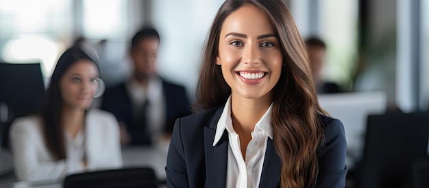 Smiling young businesswoman in office with coworkers