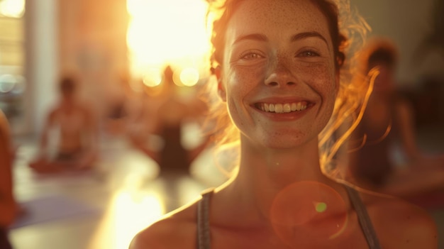 A smiling young Caucasian woman practicing yoga lessons at a modern studio