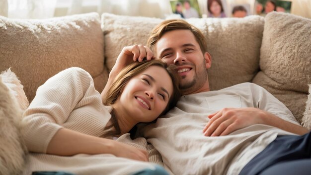 Photo smiling young couple enjoying lying on sofa