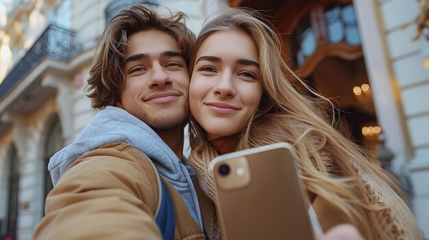 Улыбающаяся молодая пара селфи с смартфоном на открытом воздухе