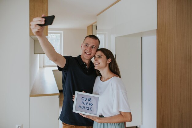 写真 笑顔の若いカップルがデジタルタブレットで自宅で写真を撮っている