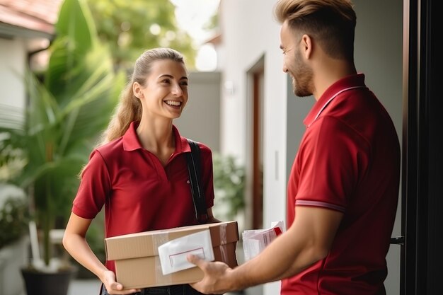 Un giovane corriere sorridente in uniforme che consegna un pacco.