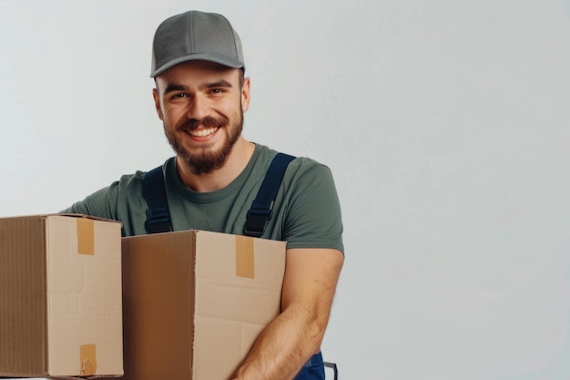 Photo smiling young delivery man moving boxes with dolly isolated on white background