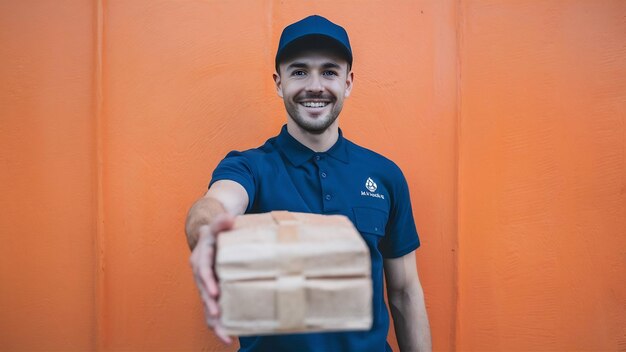 Smiling young delivery man wearing uniform with cap holding out paper food package at front isolate