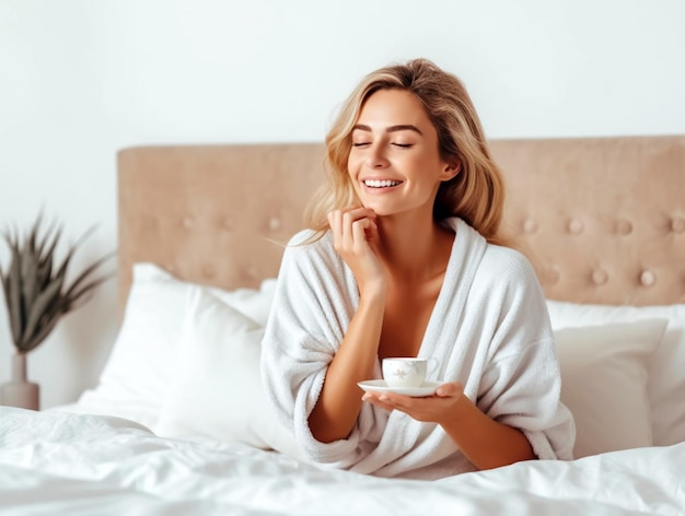 Foto smiling young european female in white silk robe sit on bed holding jar of cream enjoy daily procedures in bedroom interior good morning alone skin hydration and beauty care at home spa treatment