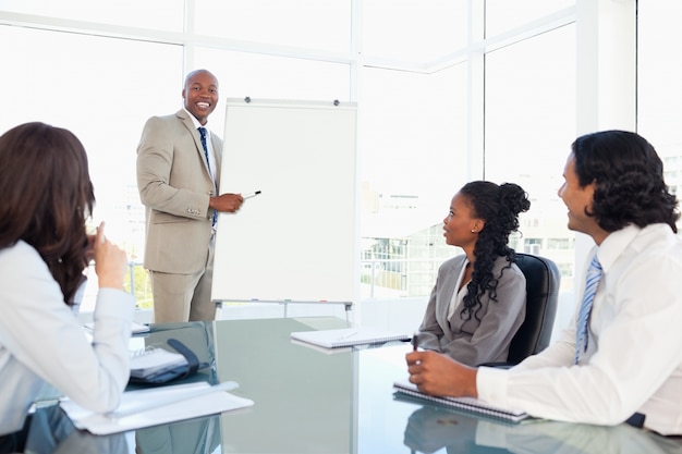 Smiling young executive giving a presentation