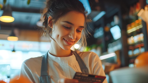 Smiling young female customer with credit card at restaurant