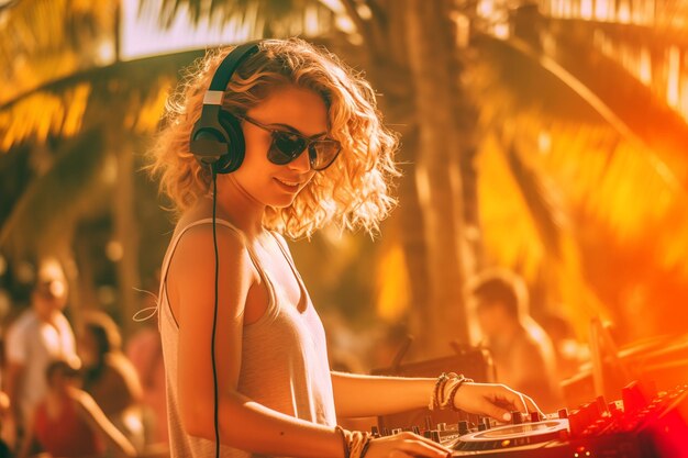 写真 太陽の光でビーチパーティーで曲をミックスする笑顔の若い女性dj