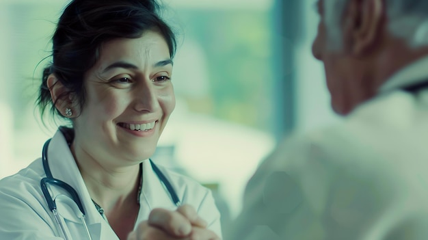 Photo smiling young female doctor shake hand close health insurance deal with elderly pati generative ai