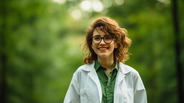 Smiling young female scientist in a white lab coat and safety glasses