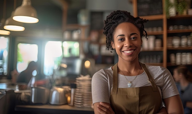 a smiling young female store employee standing next to a counter in a food