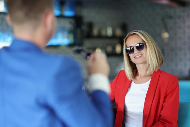 Smiling young female wear glasses