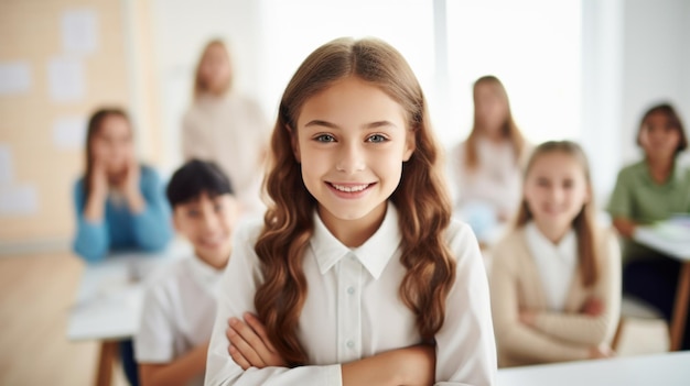 Smiling young girl in classroom with classmates behind