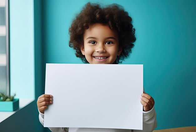 Smiling young girl covering a blank sheet of paper in the style of turquoise