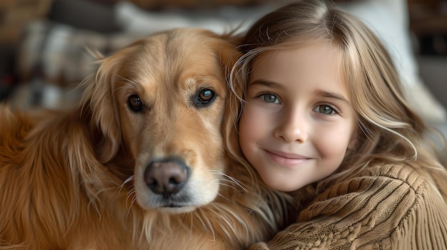 Foto una giovane ragazza sorridente che abbraccia i momenti gioiosi del suo golden retriever con gli animali domestici catturati magnificamente dall'intelligenza artificiale