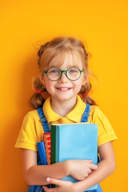 Smiling Young Girl Holding a Book Against a Bright Yellow Background
