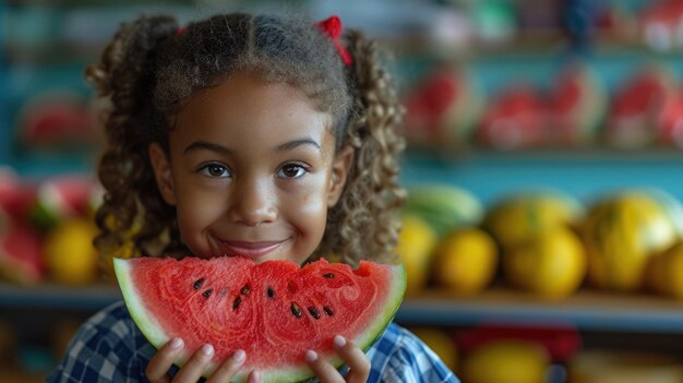 Photo smiling young girl holding fresh watermelon slice in bright kitchen