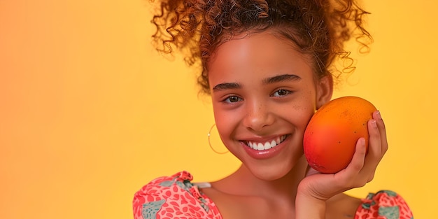Smiling young girl holding an orange on warm yellow background cheerful child with curly hair in bright setting healthy eating AI
