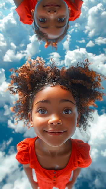 Photo smiling young girl in red with curly hair against blue sky and clouds creative upside down