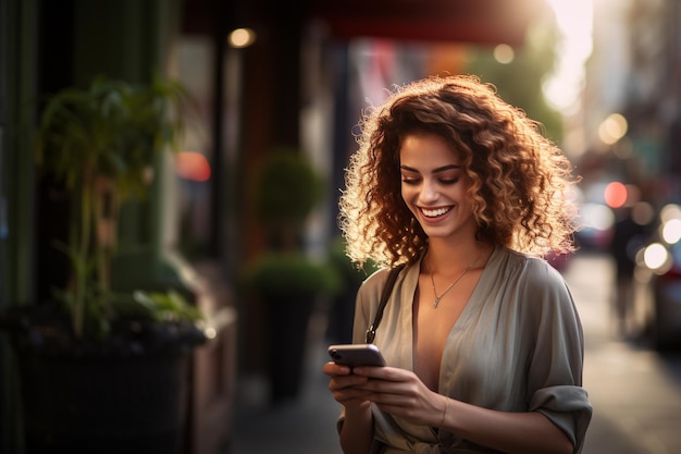 Photo smiling young girl walking down the street in a city she uses his mobile phone while walking