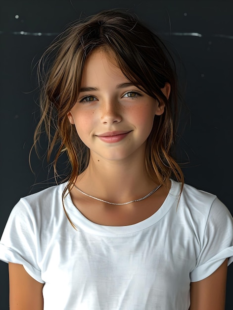 Smiling young girl in a white tshirt posing before a blackboard casual and natural portrait AI