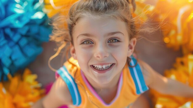 Smiling young girl with blue and orange pompoms Outdoor portrait with sun flare