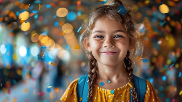 Smiling young girl with freckles surrounded by colorful confetti