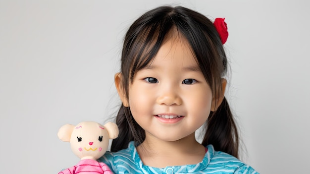 밝은 회색 배경에 플러시 장난감을 가진 미소 짓는 어린 소녀 어린 시절의 순수함을 포착합니다. 가족 관련 주제에 완벽합니다.