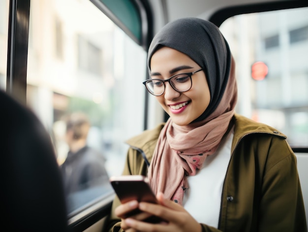 Улыбающаяся молодая женщина в очках использует смартфон в автобусе