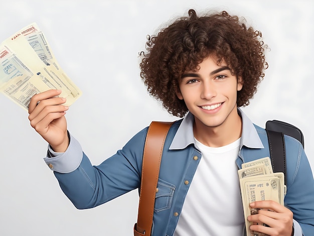 smiling young handsome curly traveler man holding wallet and airplane tickets