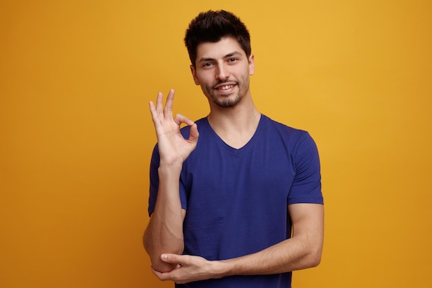 Smiling young handsome man looking at camera doing okay gesture on yellow background