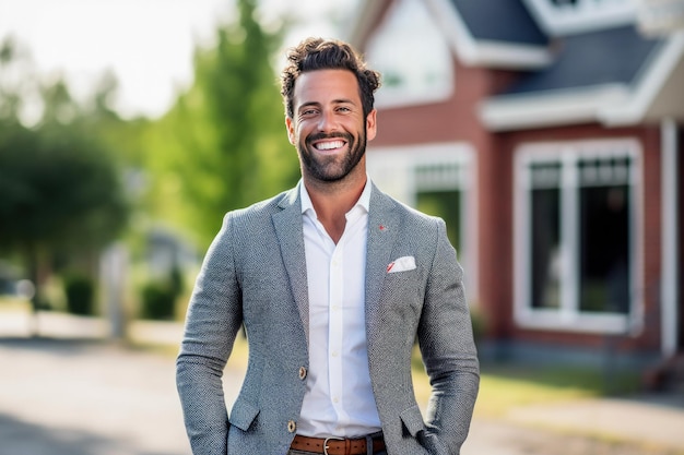 smiling young handsome man real estate agent waist up with house on background