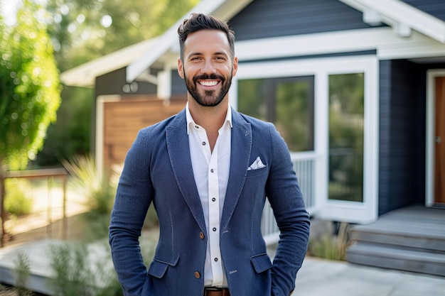 smiling young handsome real estate agent waist up with house on background