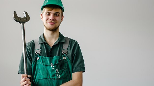 Foto giovane artigiano sorridente con la chiave inglese pronto per il lavoro meccanico casuale in uniforme operaio qualificato al lavoro professionista di servizio amichevole al lavoro ai