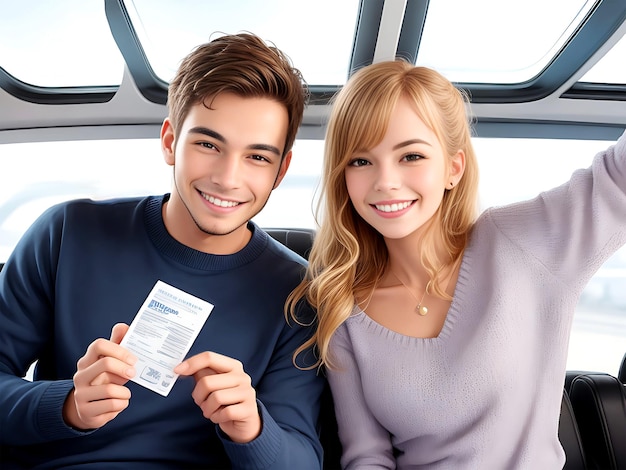 Smiling young happy couple with tickets to travel abroad