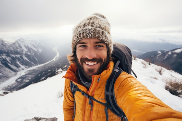 Фото Улыбающийся молодой турист делает селфи в заснеженных горах концепции активного отдыха
