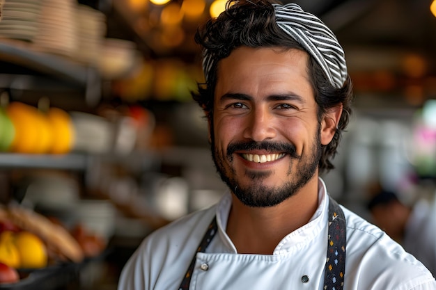テキスト用の高級レストランのキッチンに立っている笑顔の若いヒスパニック系シェフ