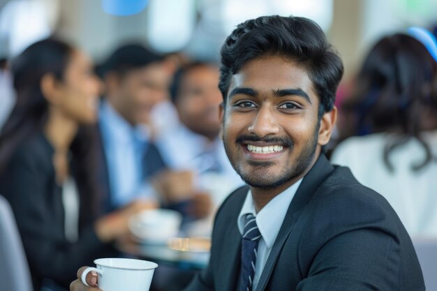 smiling young indian businessman having coffee break during seminar