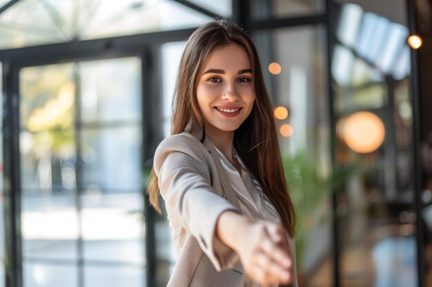 Foto una giovane donna d'affari indiana sorridente guarda la telecamera, allunga la mano, accogli il nuovo dipendente sul posto di lavoro, felice donna di due razze, riunione di reclutamento, saluto al nuovo arrivato, nuovo impiegato in ufficio.