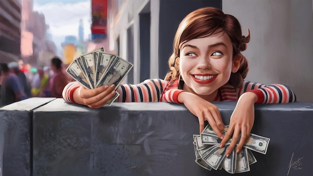 Smiling young lady in striped shirt holding money and looking to them over gray wall looking to fro