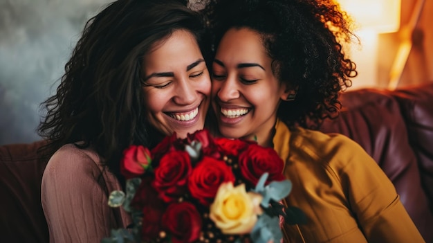 Smiling young lesbian couple holding flowers together Engagement celebration Pride Generative AI