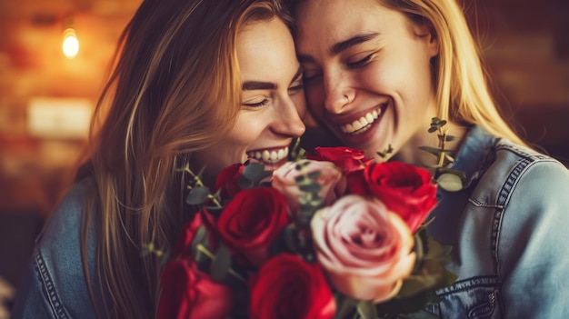 Foto una giovane coppia lesbica sorridente che tiene insieme dei fiori festa di fidanzamento orgoglio ai generativa