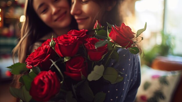 Smiling young lesbian couple holding flowers together Engagement celebration Pride Generative AI