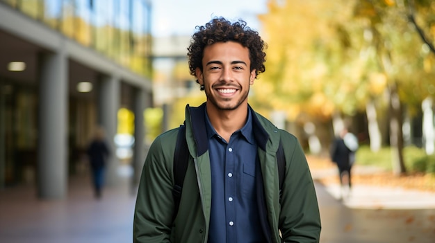 Улыбающийся молодой студент колледжа с кудрявыми волосами в синей рубашке и зеленой куртке стоит снаружи в кампусе